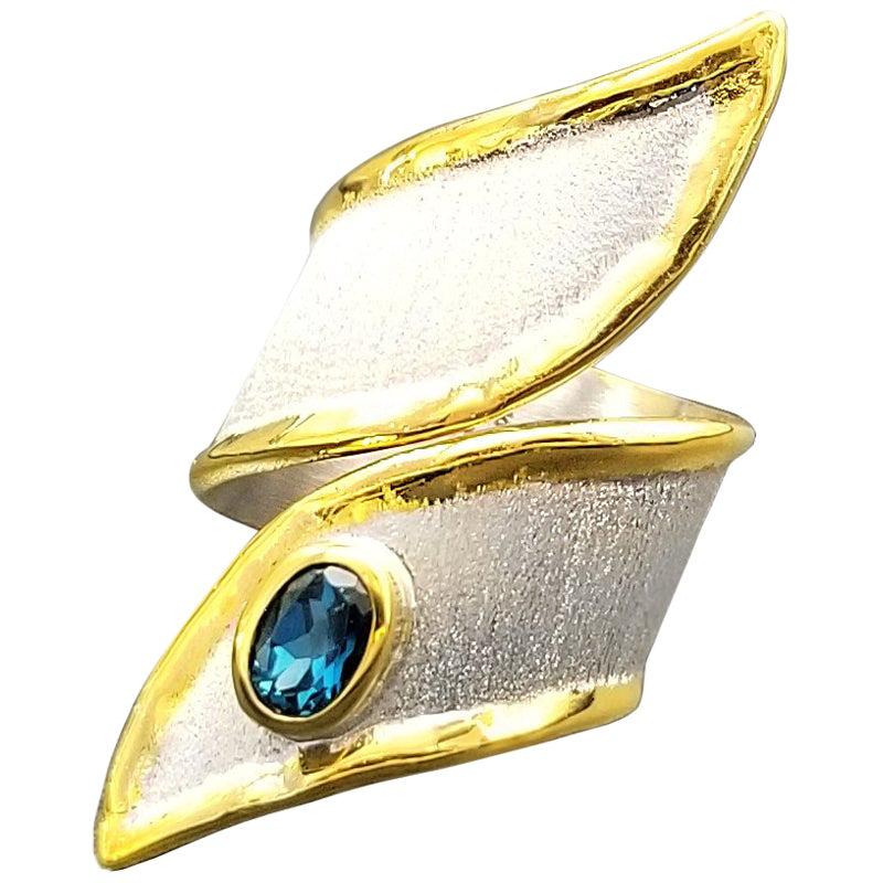 Yianni Creations Blue Topaz Fine Silver 24 Karat Gold Two Tone Wide Band Ring