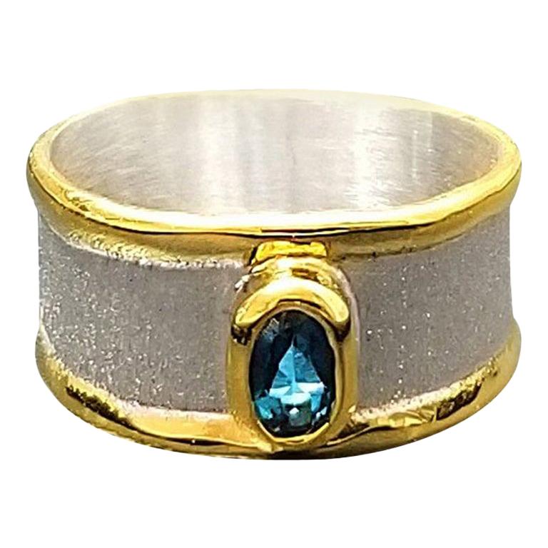Yianni Creations Blue Topaz Fine Silver and 24 Karat Gold Two-Tone Band Ring For Sale