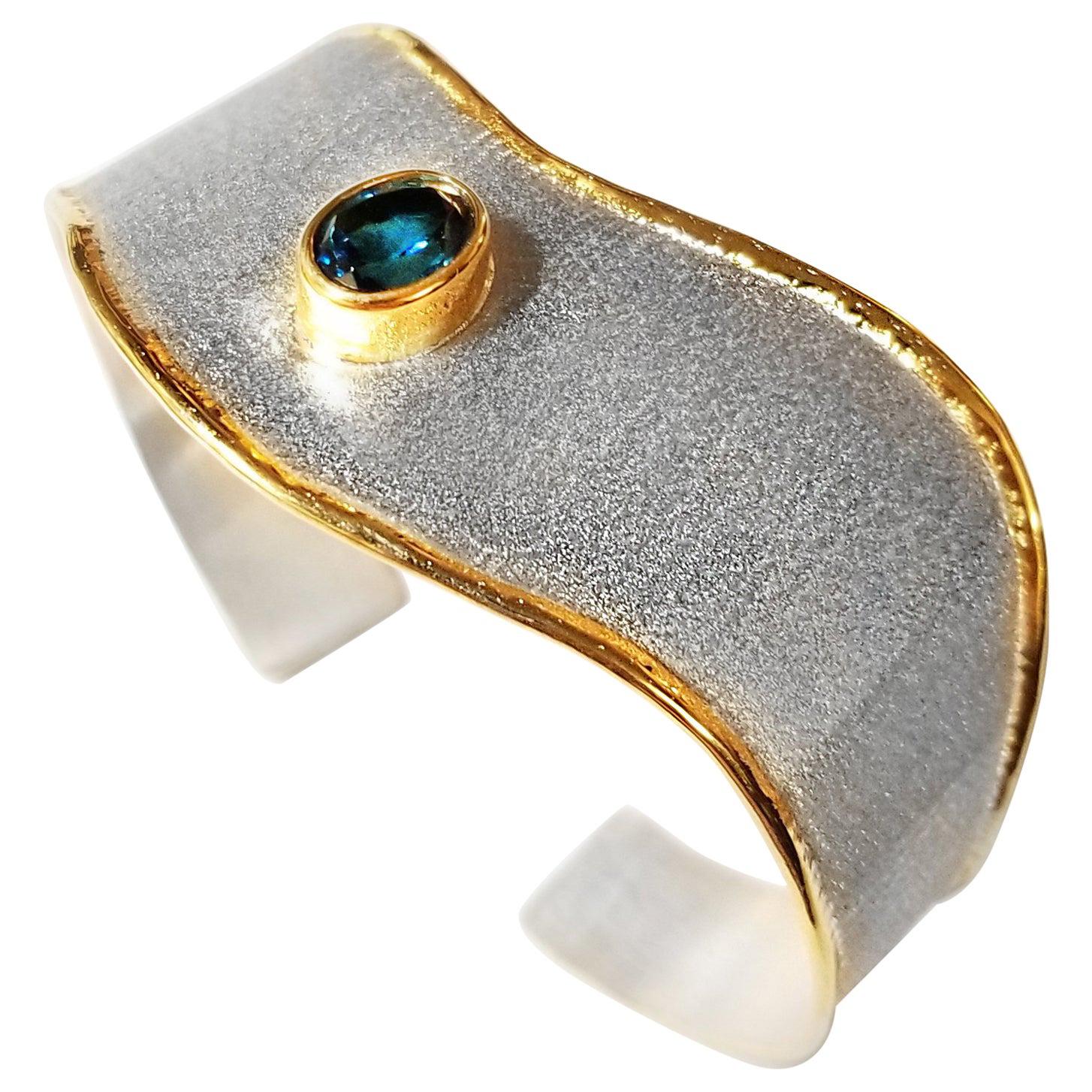 Yianni Creations Blue Topaz Fine Silver and 24 Karat Gold Two-Tone Cuff Bracelet For Sale