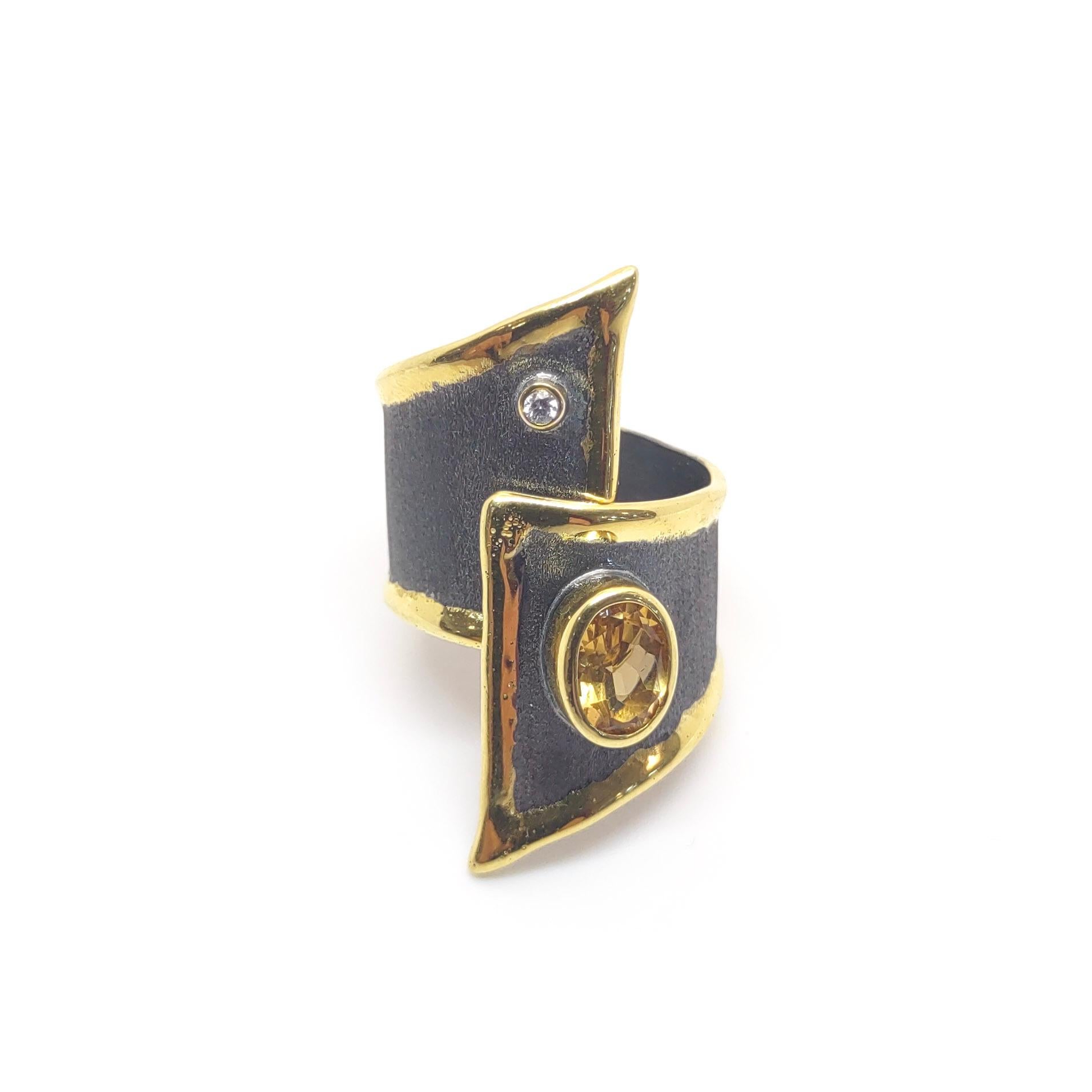 Yianni Kreationen Citrin Diamant Silber 24 Karat Gelbgold Schwarzer Rhodium Ring (Zeitgenössisch) im Angebot