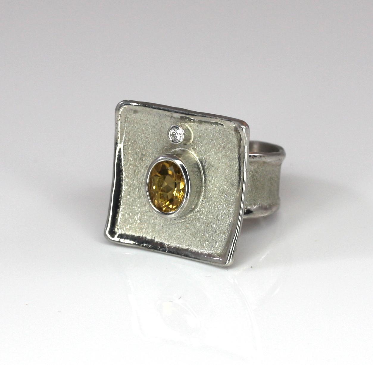 Yianni Creations Citrine White Diamond Fine Silver Square Ring For Sale 4