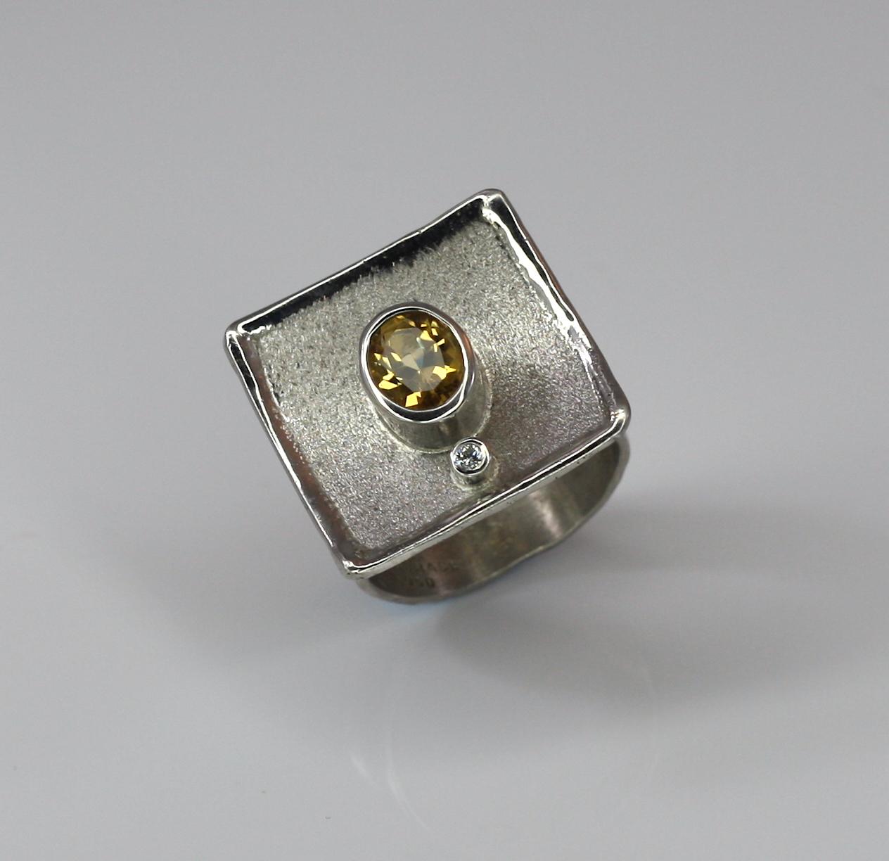 Oval Cut Yianni Creations Citrine White Diamond Fine Silver Square Ring For Sale