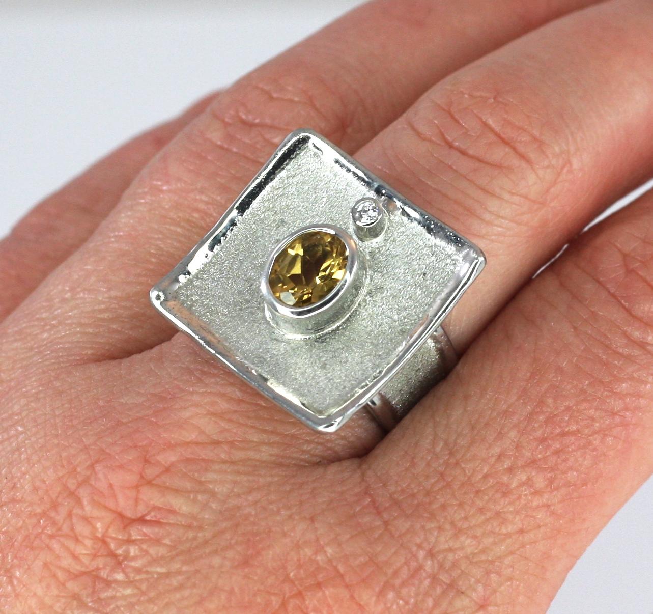 Contemporary Yianni Creations Citrine White Diamond Fine Silver Square Ring For Sale