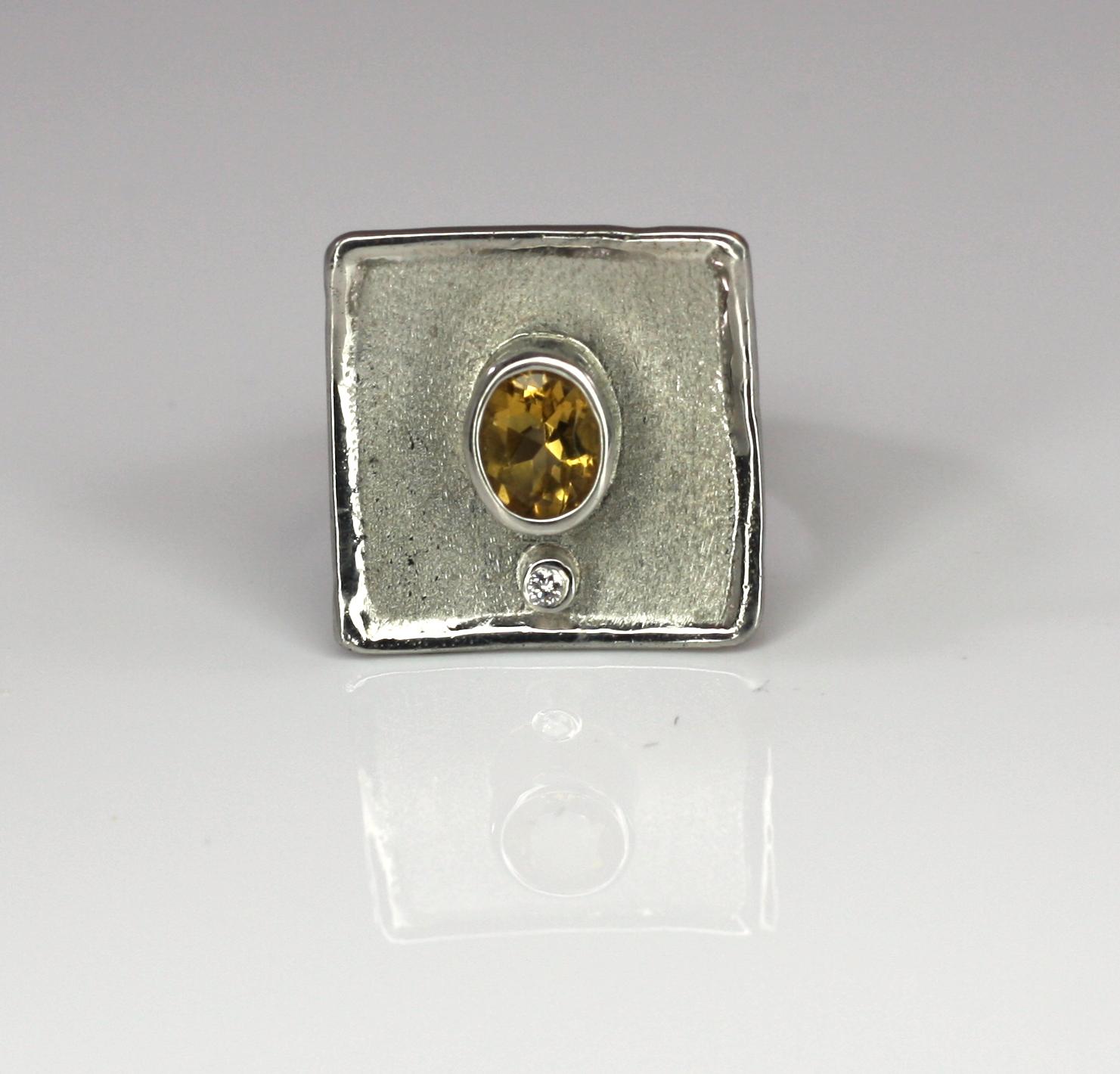 Women's Yianni Creations Citrine White Diamond Fine Silver Square Ring For Sale