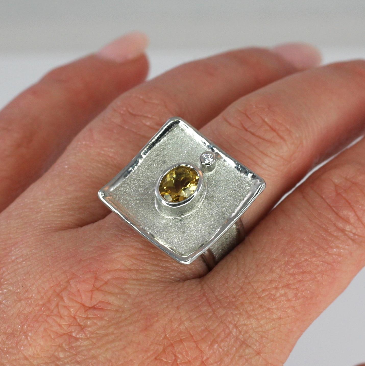 Yianni Creations Citrine White Diamond Fine Silver Square Ring For Sale 1