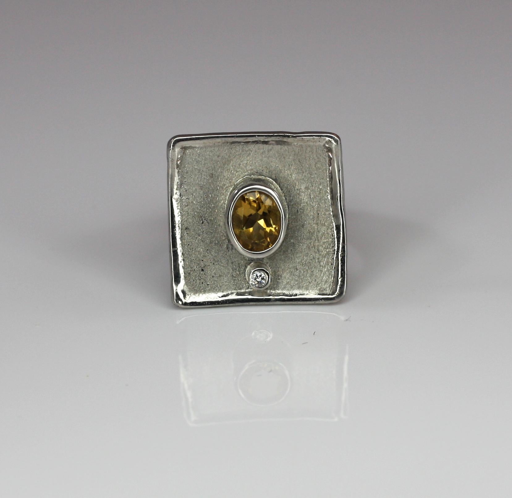 Yianni Creations Citrine White Diamond Fine Silver Square Ring For Sale 2