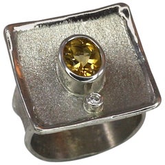 Yianni Creations Citrine White Diamond Fine Silver Square Ring