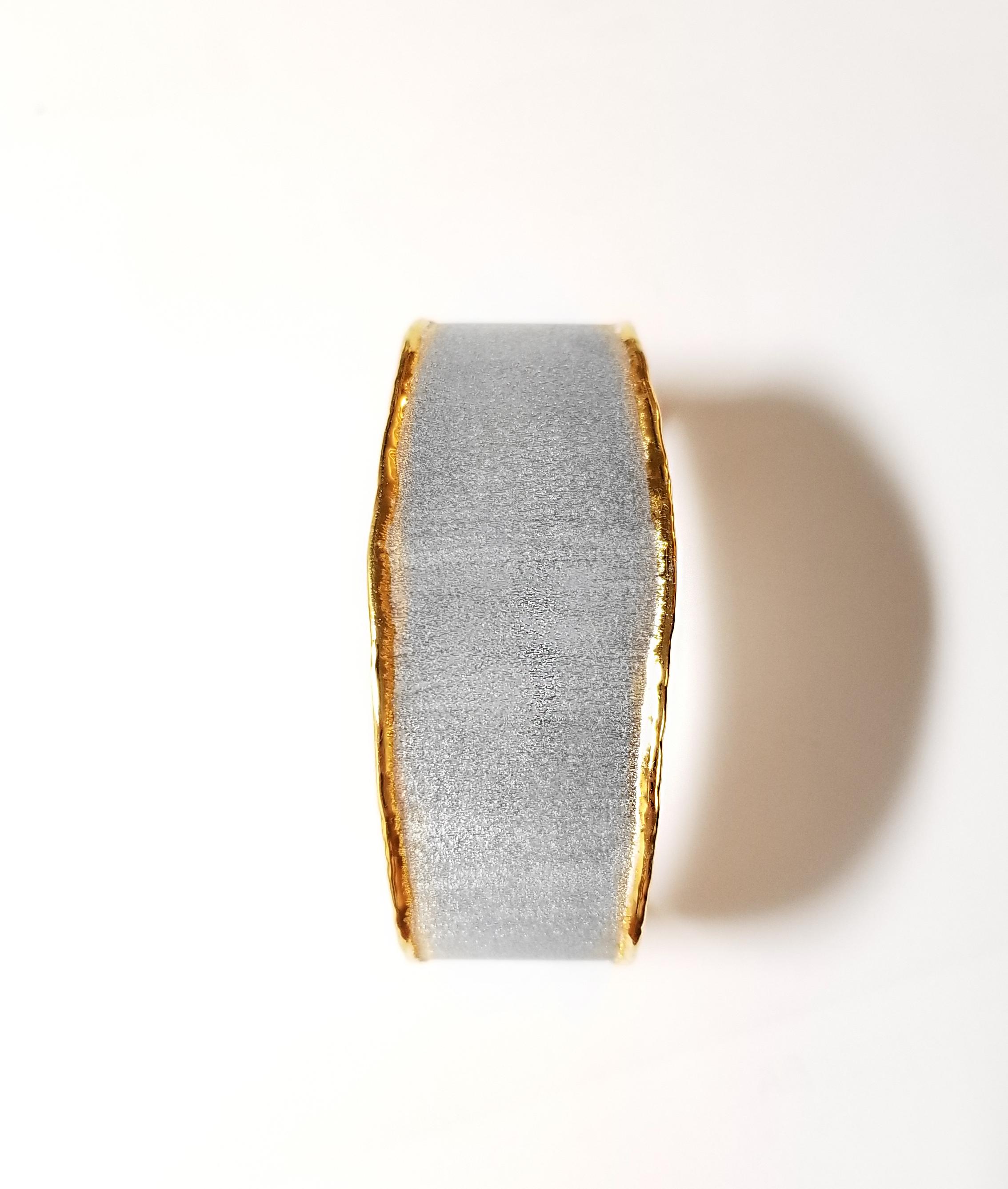 Yianni Creations Midas Collection 100% Handmade Artisan Wide Cuff Bracelet from Fine Silver 950 with a layover of 24 Karat Yellow Gold 3+ microns features unique techniques of craftsmanship - brushed texture and nature-inspired liquid edges. The