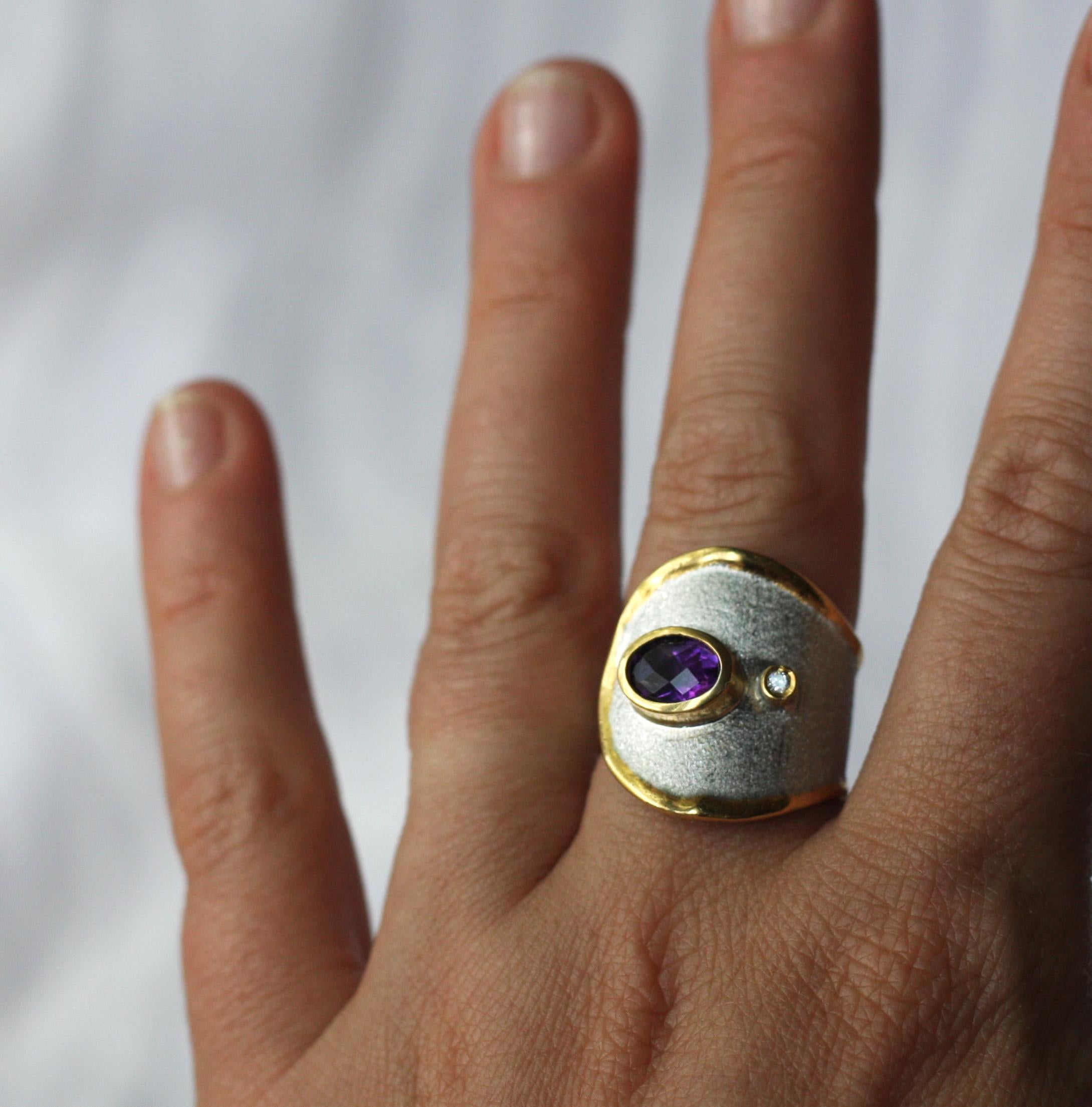 Yianni Creations Amethyst and Diamond Fine Silver and 24 Karat Gold Band Ring For Sale 3