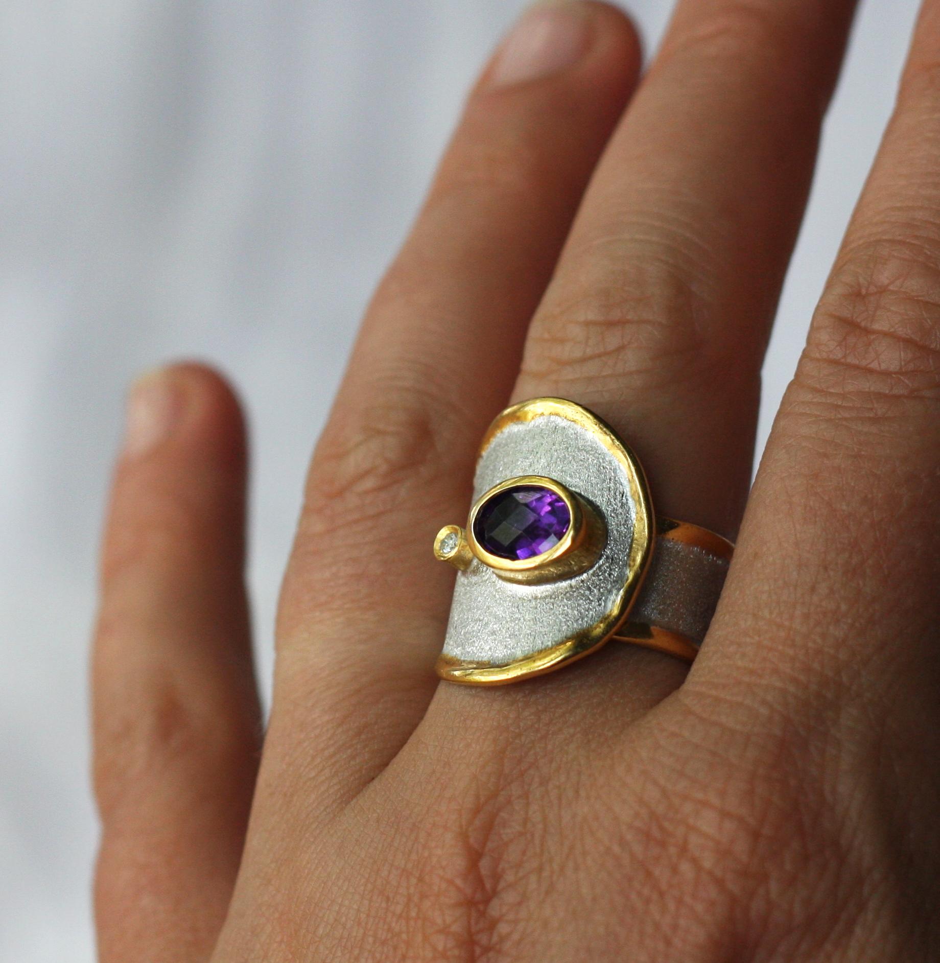 Oval Cut Yianni Creations Amethyst and Diamond Fine Silver and 24 Karat Gold Band Ring For Sale