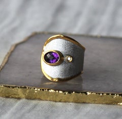 Yianni Creations Amethyst and Diamond Fine Silver and 24 Karat Gold Band Ring