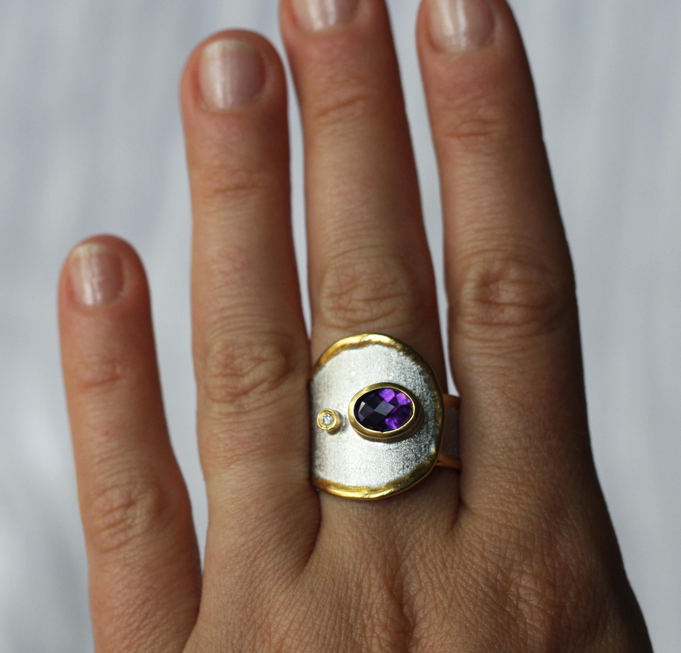 Contemporary Yianni Creations Amethyst and Diamond Fine Silver and 24 Karat Gold Band Ring For Sale