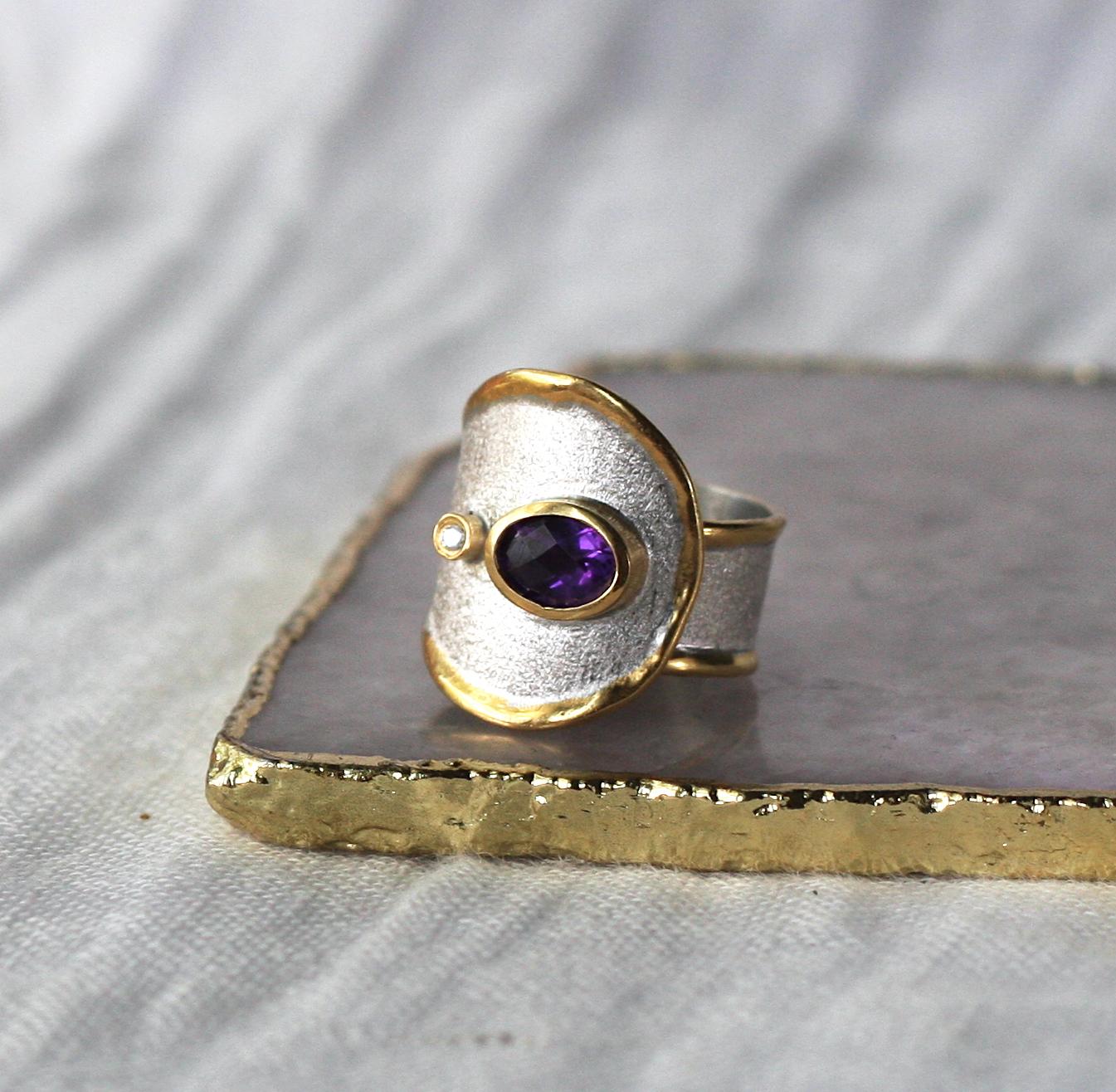 Women's or Men's Yianni Creations Amethyst and Diamond Fine Silver and 24 Karat Gold Band Ring For Sale