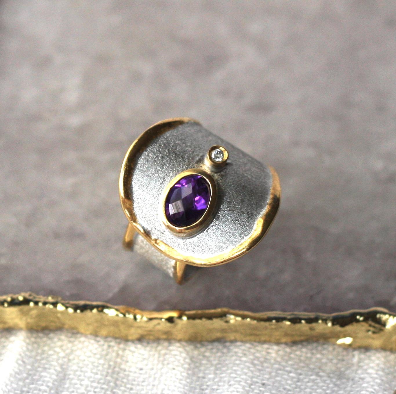 Yianni Kreationen Ring mit Amethyst und Diamant aus feinem Silber und 24 Karat Gold im Angebot 5