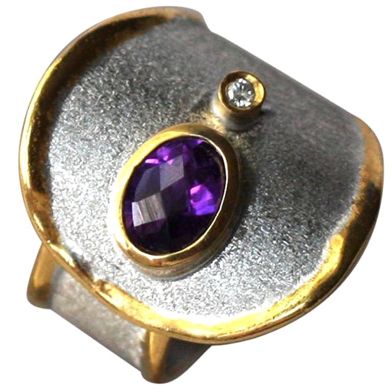 Yianni Creations Amethyst and Diamond Fine Silver and 24 Karat Gold Band Ring