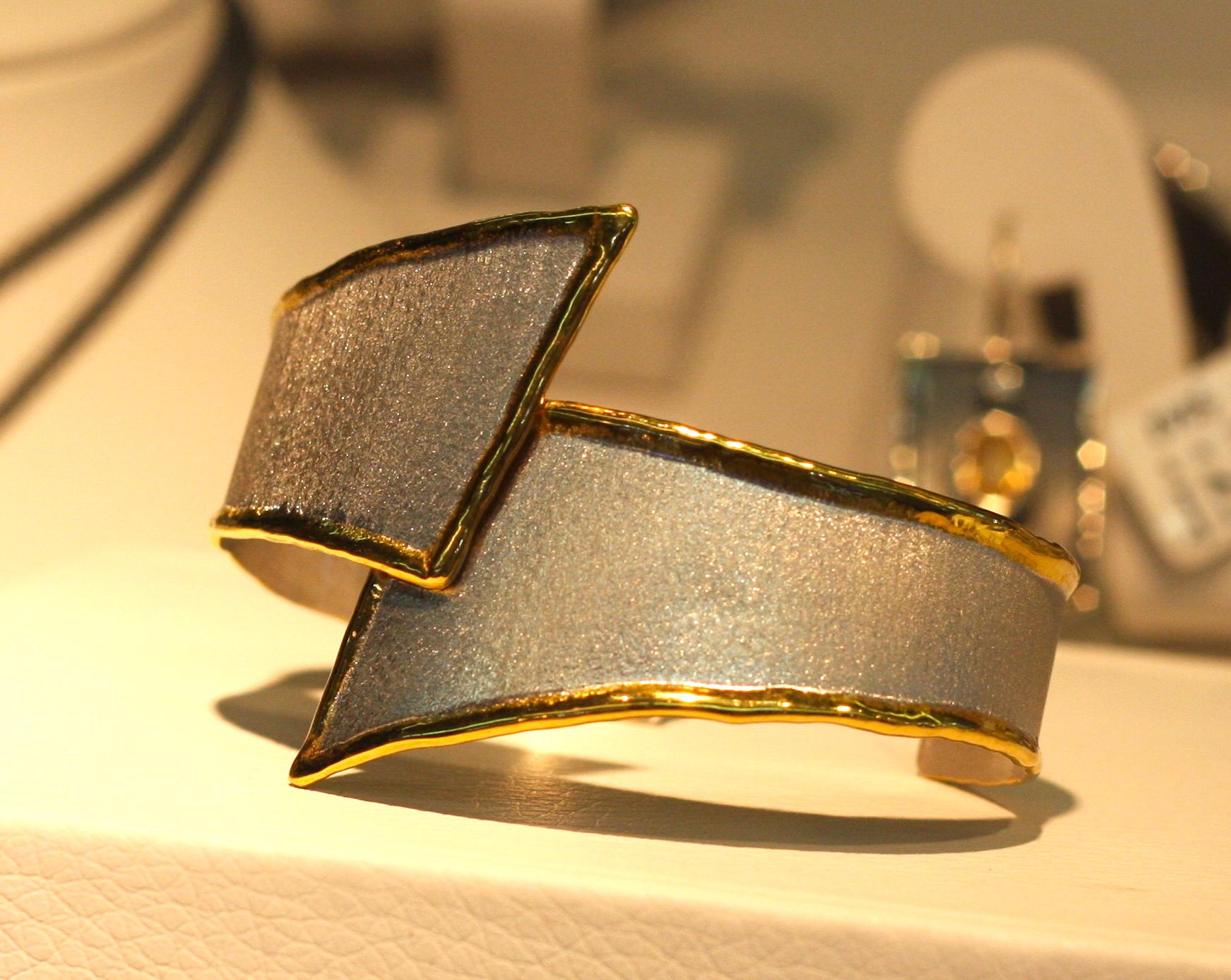 Contemporary Yianni Creations Fine Silver and 24 Karat Gold Asymmetric Bangle Bracelet