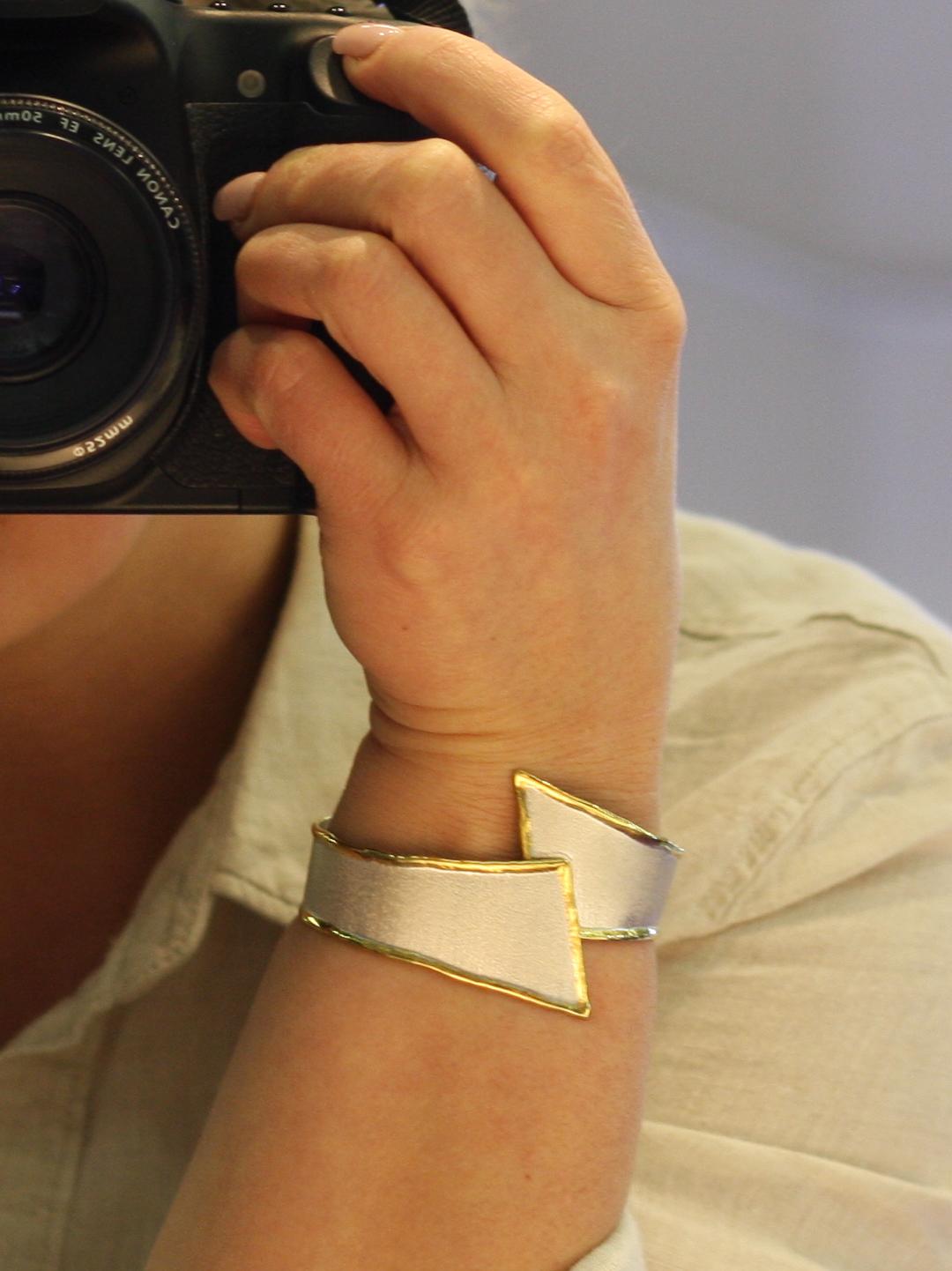 Yianni Creations Fine Silver and 24 Karat Gold Asymmetric Bangle Bracelet 2