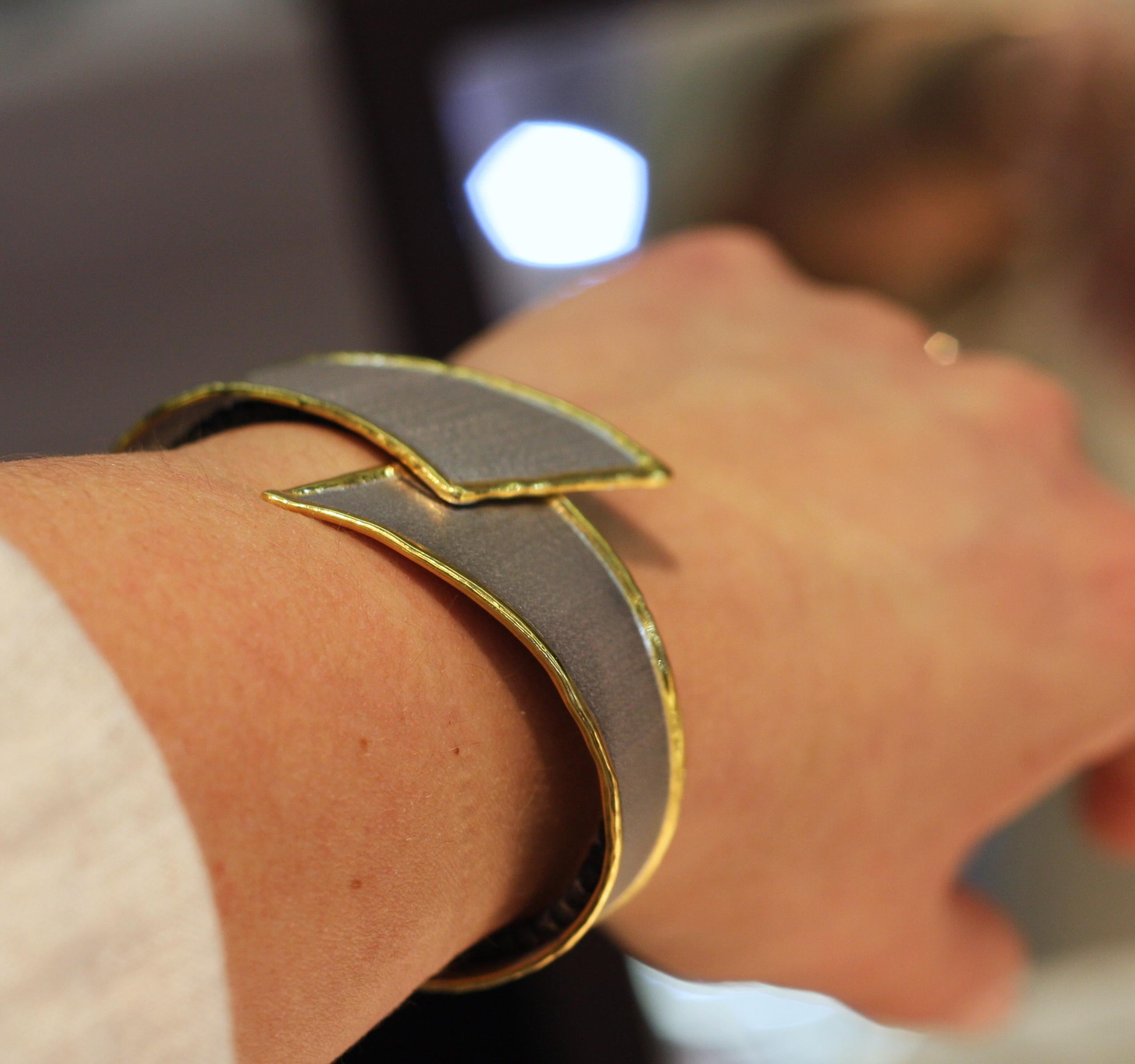 Yianni Creations Fine Silver and 24 Karat Gold Asymmetric Bangle Bracelet 4