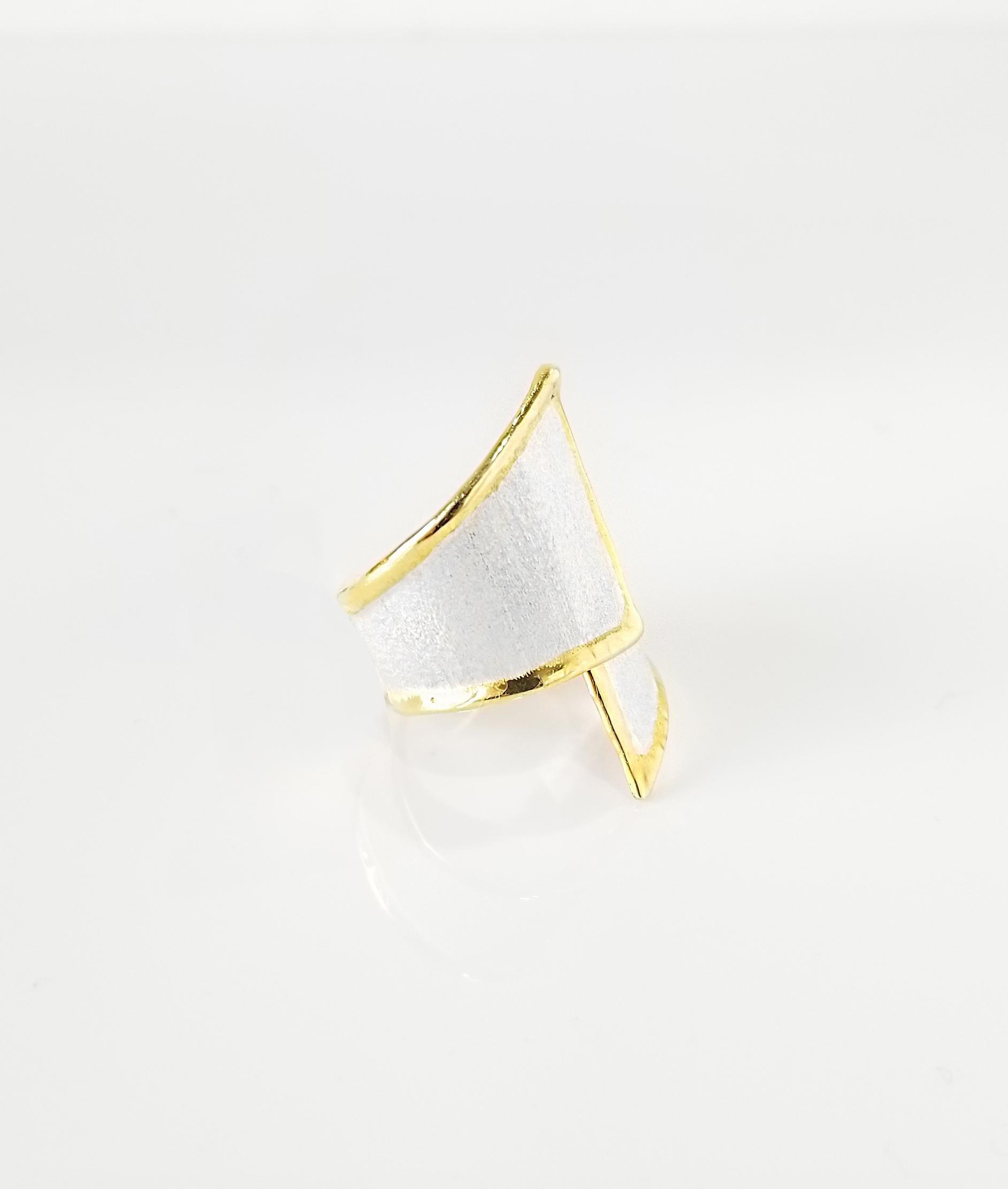 Contemporary Yianni Creations Fine Silver 24-Karat Gold Asymmetrical Artisan Wide Band Ring For Sale