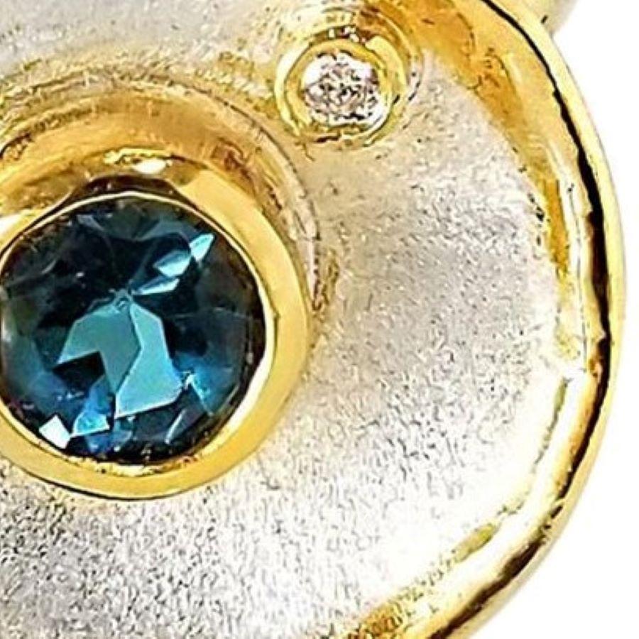 Round Cut Yianni Creations London Blue Topaz Diamond  Fine Silver and 24 Karat Gold Ring