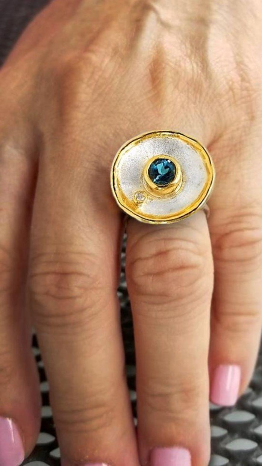 Yianni Creations London Blue Topaz Diamond  Fine Silver and 24 Karat Gold Ring 1