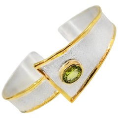 Yianni Creations Peridot Fine Silver and 24 Karat Gold Cuff Bangle Bracelet