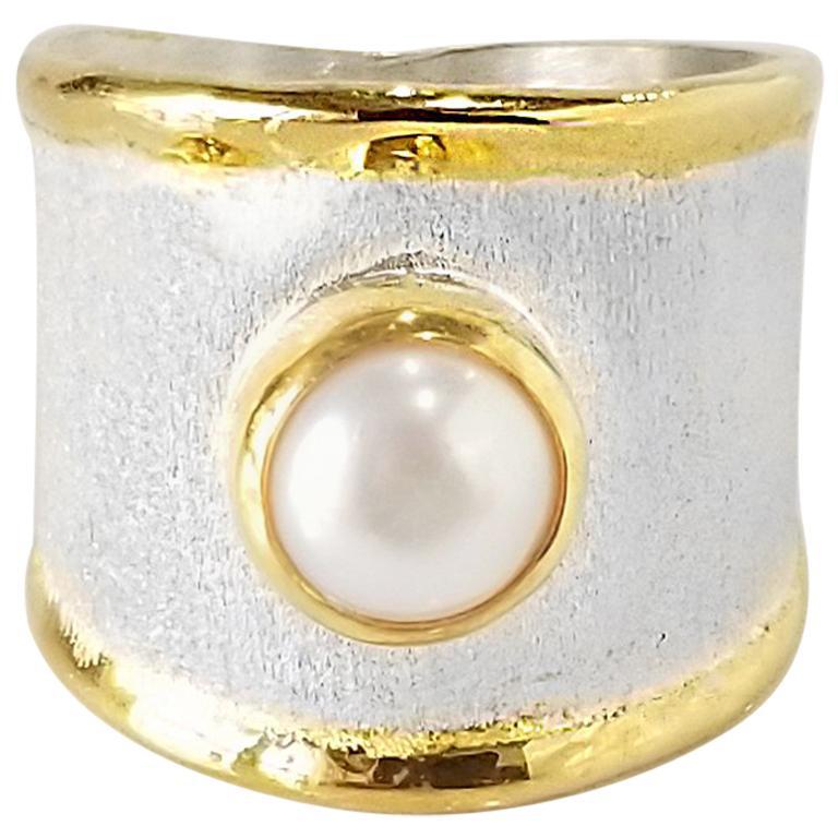 Yianni Creations Fine Silver and 24 Karat Gold Solitaire Pearl Wide Band Ring For Sale