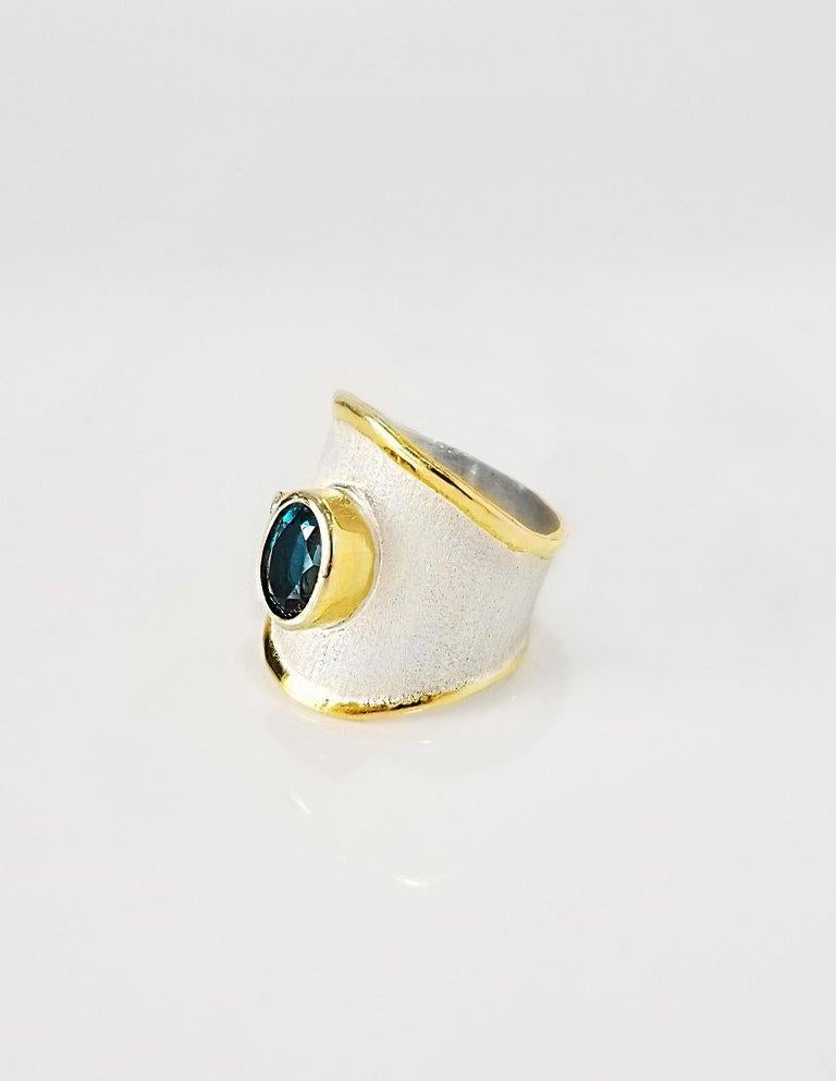 Contemporary Yianni Creations Blue Topaz  Diamond  Fine Silver 24 Karat Gold Wide Band Ring For Sale