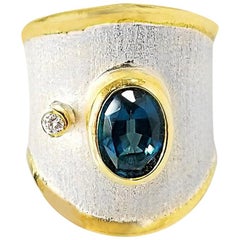 Yianni Creations Blue Topaz  Diamond  Fine Silver 24 Karat Gold Wide Band Ring