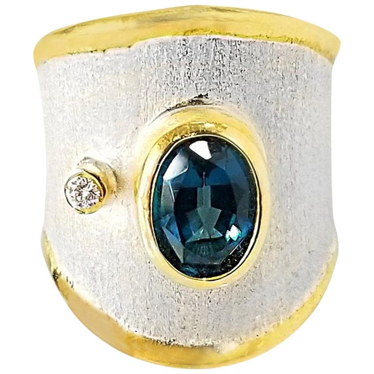 Yianni Creations Blue Topaz  Diamond  Fine Silver 24 Karat Gold Wide Band Ring For Sale