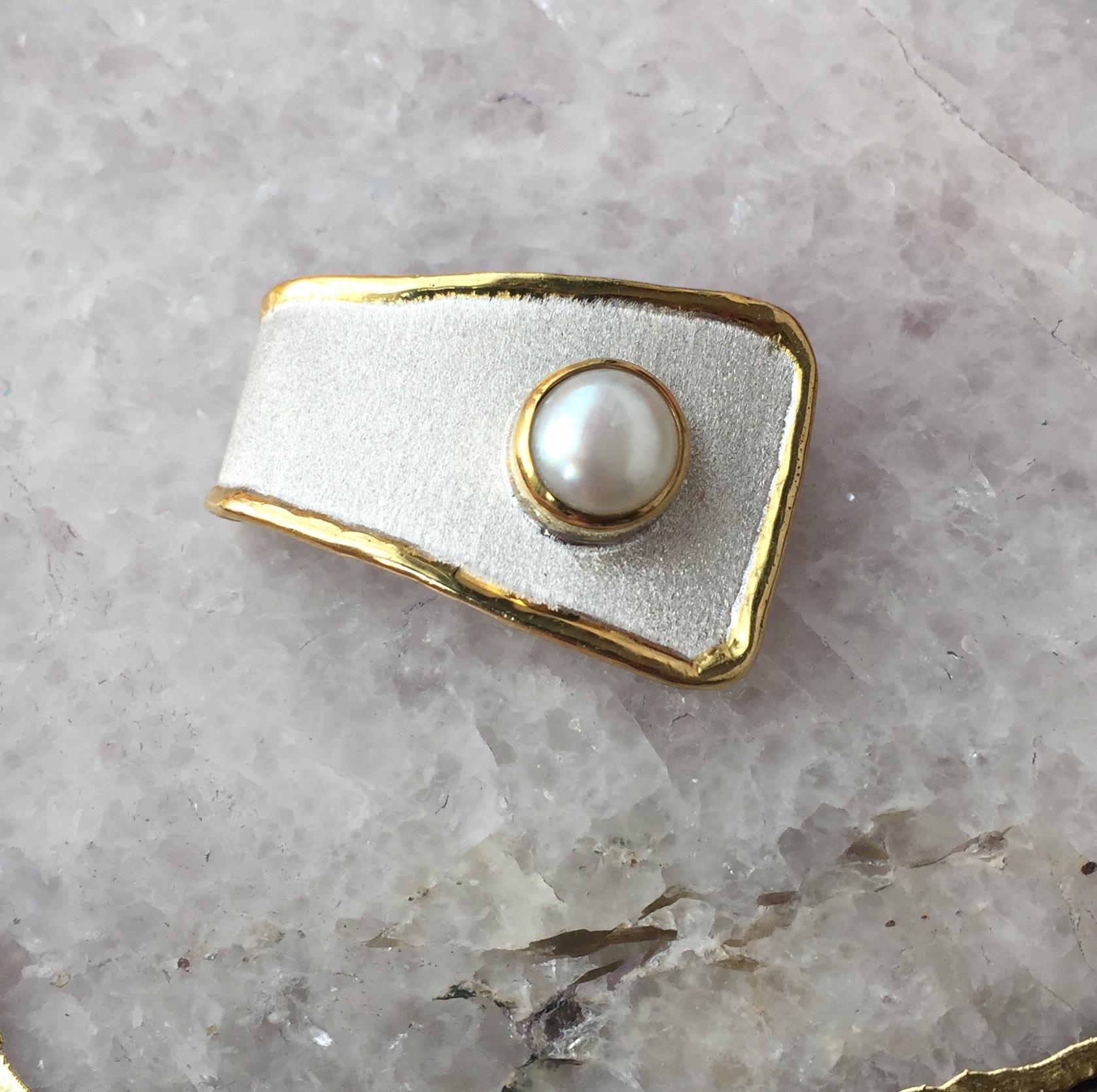 Round Cut Yianni Creations Pearl Fine Silver and 24 Karat Gold Two-Tone Pendant Enhancer For Sale