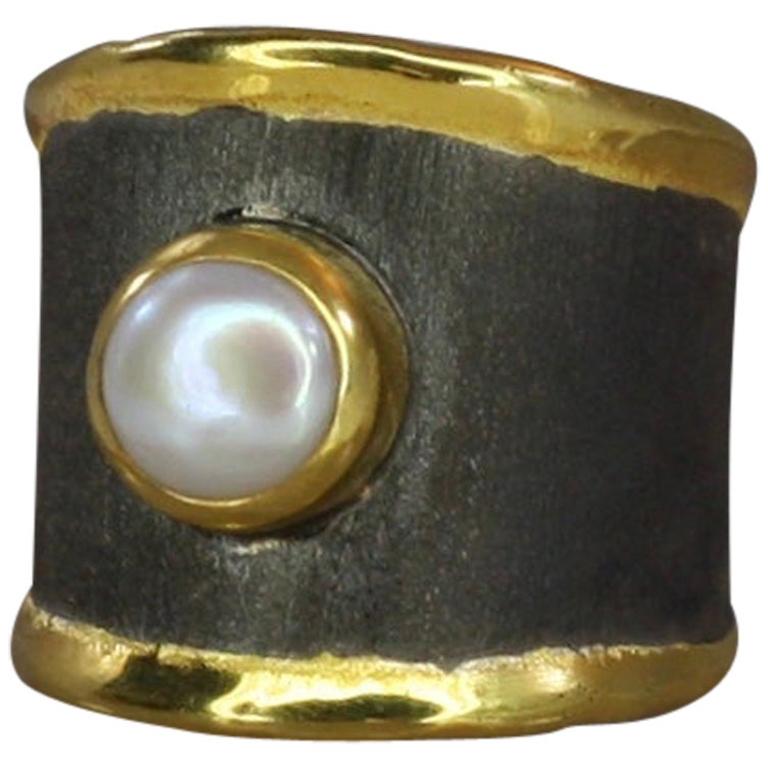 Yianni Creations Pearl Fine Silver and 24 Karat Gold Rhodium Two-Tone Band Ring  For Sale