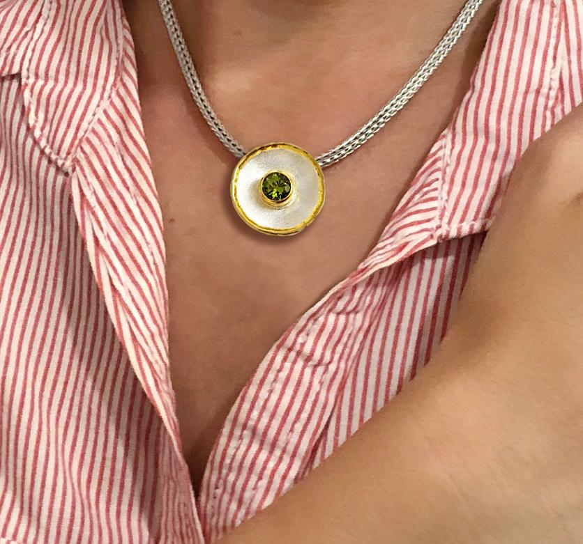 Contemporary Yianni Creations Peridot Fine Silver and 24 Karat Gold Round Pendant Enhancer