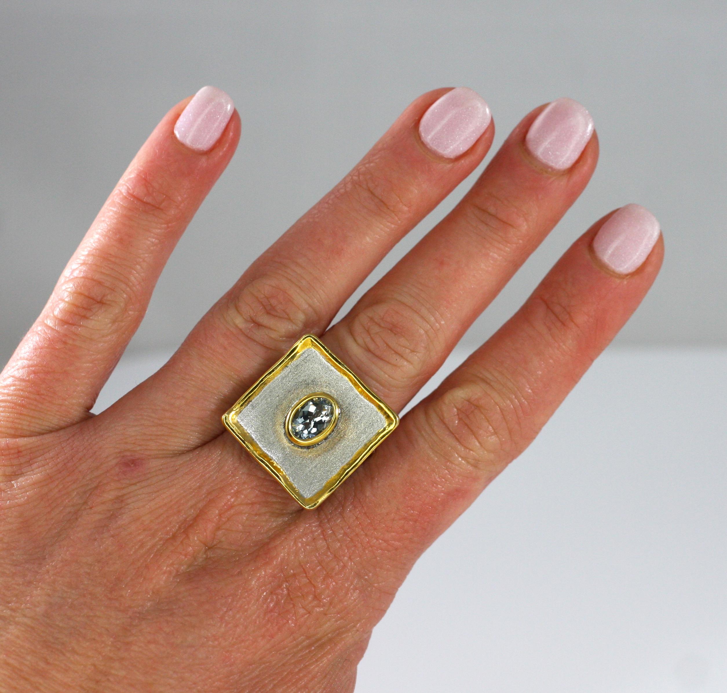 Contemporary Yianni Creations Aquamarine Fine Silver and 24 Karat Gold Two-Tone Square Ring For Sale