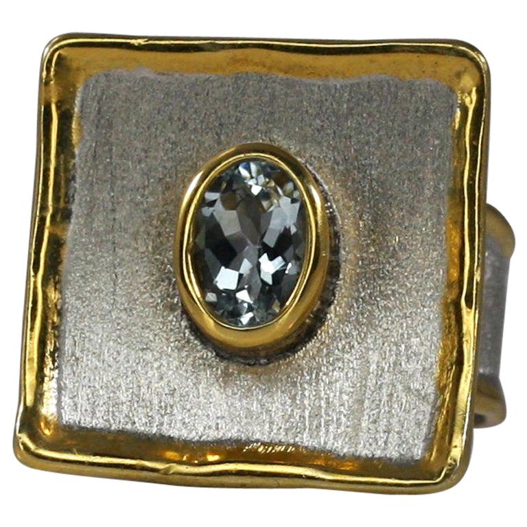 Yianni Creations Aquamarine Fine Silver and 24 Karat Gold Two-Tone Square Ring For Sale