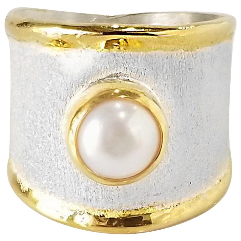 Yianni Creations Perle Feinsilber und 24 Karat Gold Breite Band Zwei-Ton-Ring