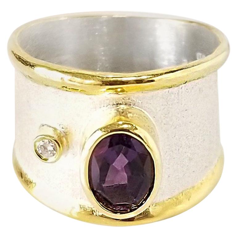 Yianni Creations Amethyst and Diamond Fine Silver and 24 Karat Gold Band Ring For Sale