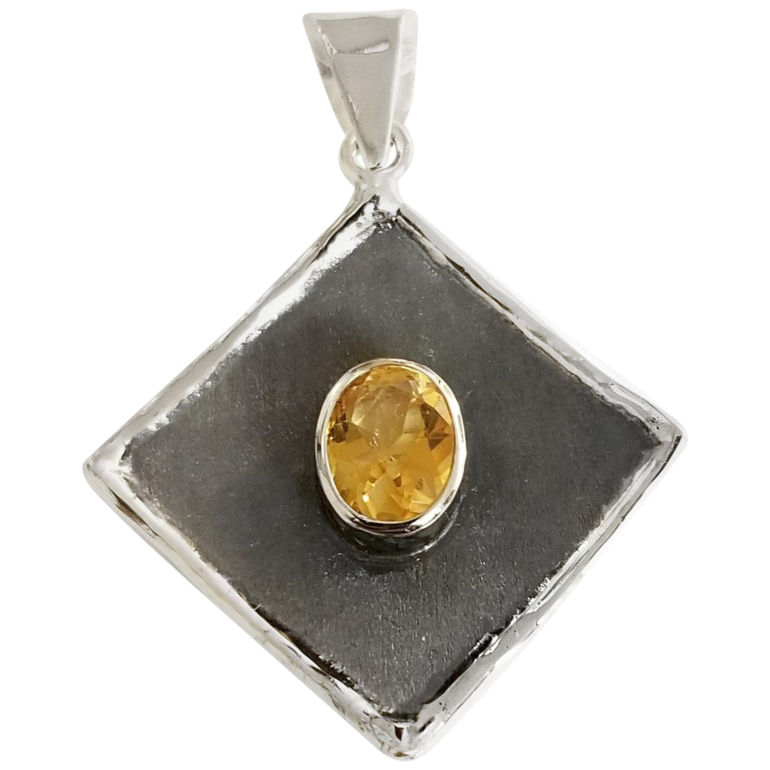 Yianni Creations Citrine Fine Silver Black Rhodium Two-Tone Solitaire Pendant For Sale