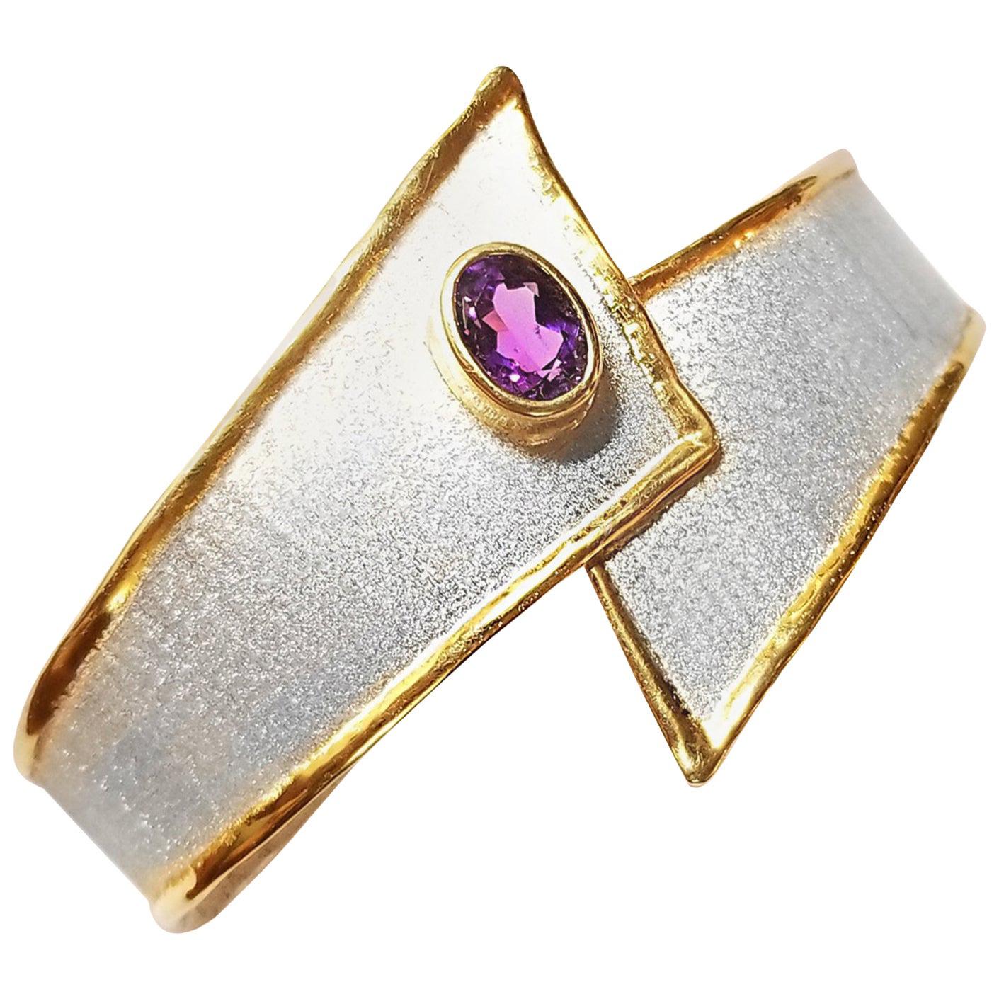 Yianni Creations Fine Silver and Gold 24 Karat Edges Two-Tone with Amethyst For Sale