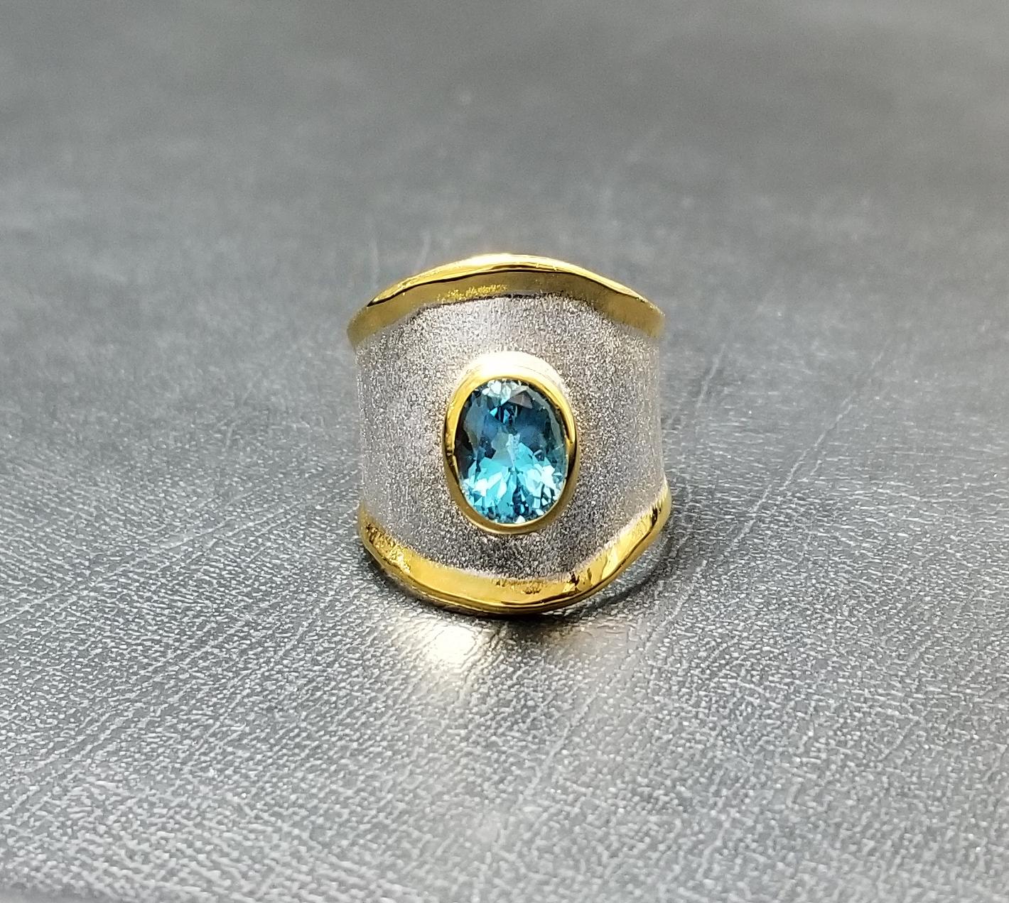 Yianni Creations London Blue Topaz Fine Silver and Gold 24 Karat Wide Band Ring In New Condition For Sale In Astoria, NY