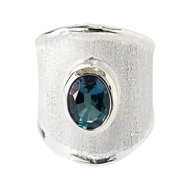 Women's or Men's Yianni Creations London Blue Topaz Fine Silver and Gold 24 Karat Wide Band Ring For Sale