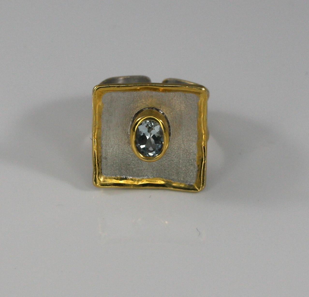 Yianni Creations Aquamarine Fine Silver and Gold 24 Karat Two-Tone Square Ring In New Condition For Sale In Astoria, NY