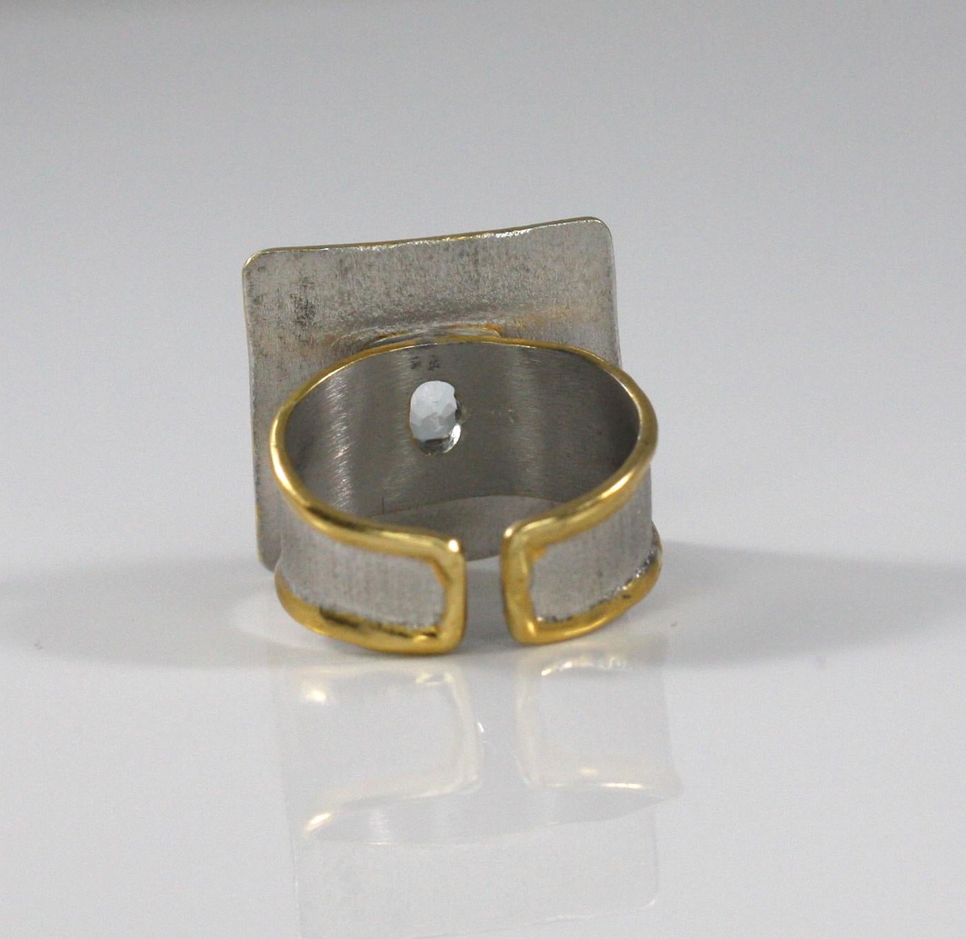 Yianni Creations Aquamarin Fein Silber und Gold 24 Karat zweifarbiger quadratischer Ring im Angebot 3