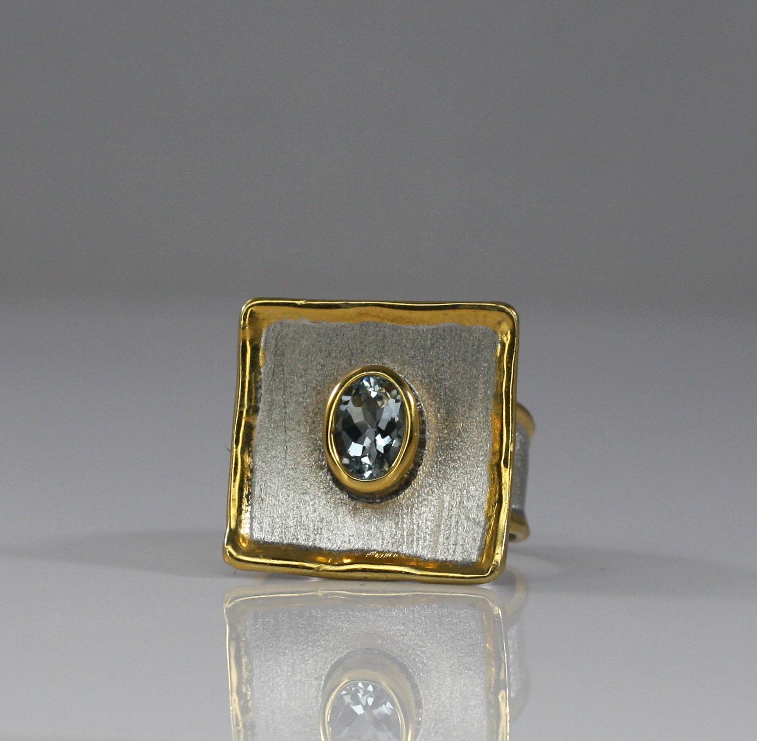 Yianni Creations Aquamarin Fein Silber und Gold 24 Karat zweifarbiger quadratischer Ring im Angebot 4