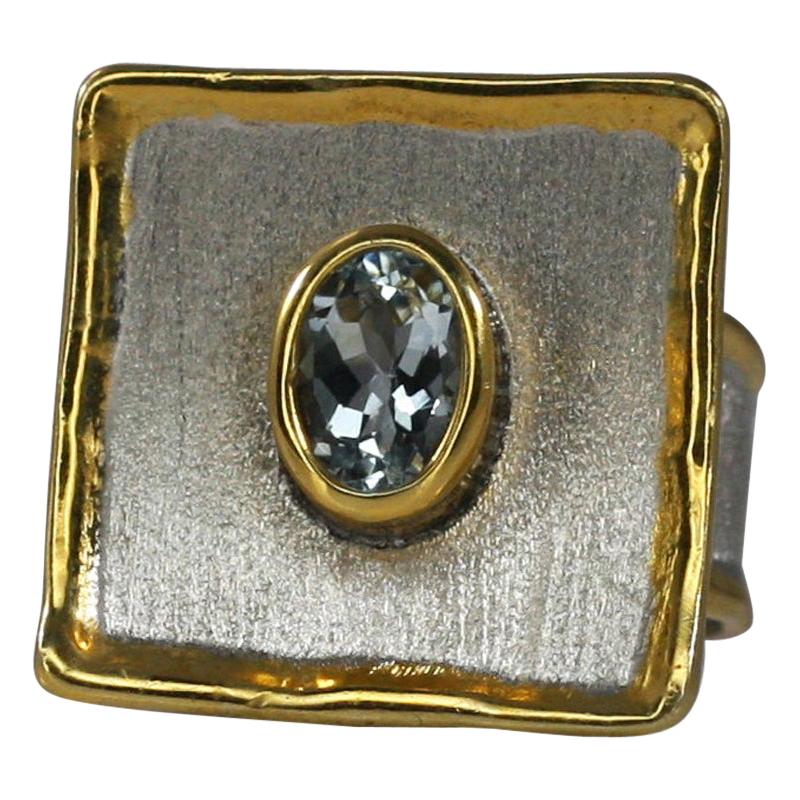 Yianni Creations Aquamarin Fein Silber und Gold 24 Karat zweifarbiger quadratischer Ring im Angebot