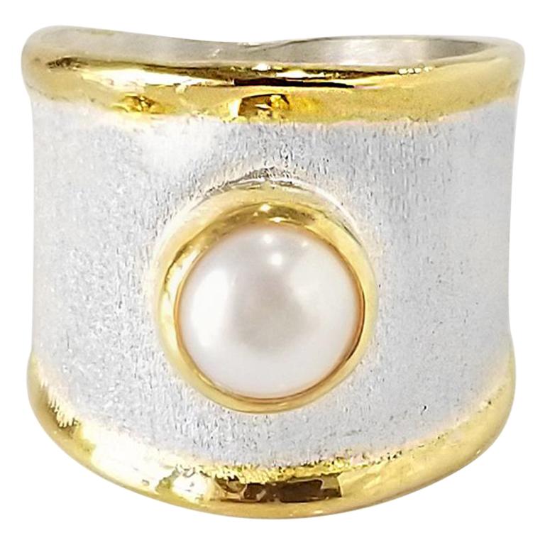 Yianni Creations Pearl Fine Silver and Gold 24 Karat Two-Tone Wide Band Ring For Sale