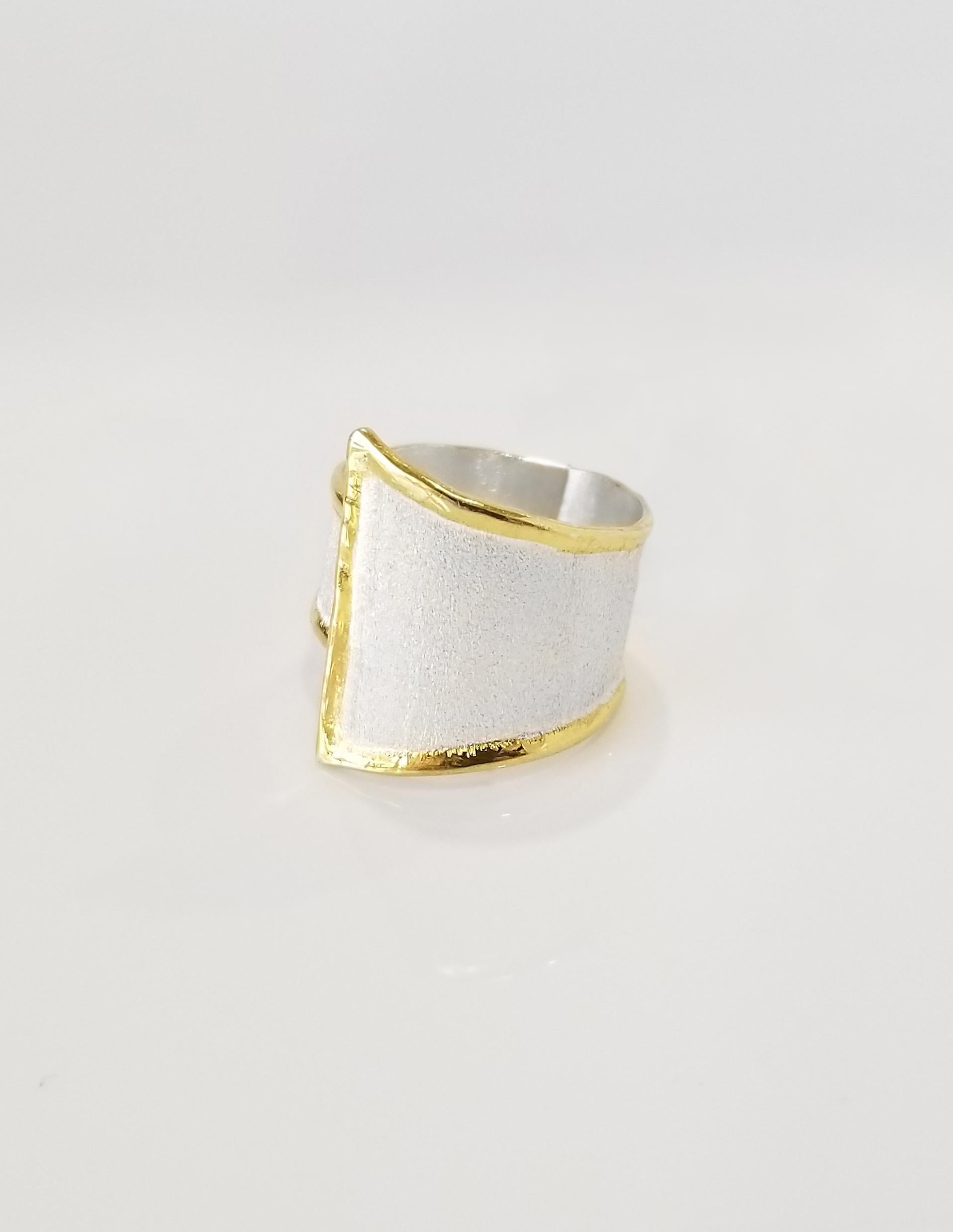 Yianni Creations Midas Collection adjustable Ring from Fine Silver 950 purity with a layover of 24 Karat Yellow Gold features unique techniques of craftsmanship - brushed texture and nature-inspired liquid edges. The core of this beautiful
