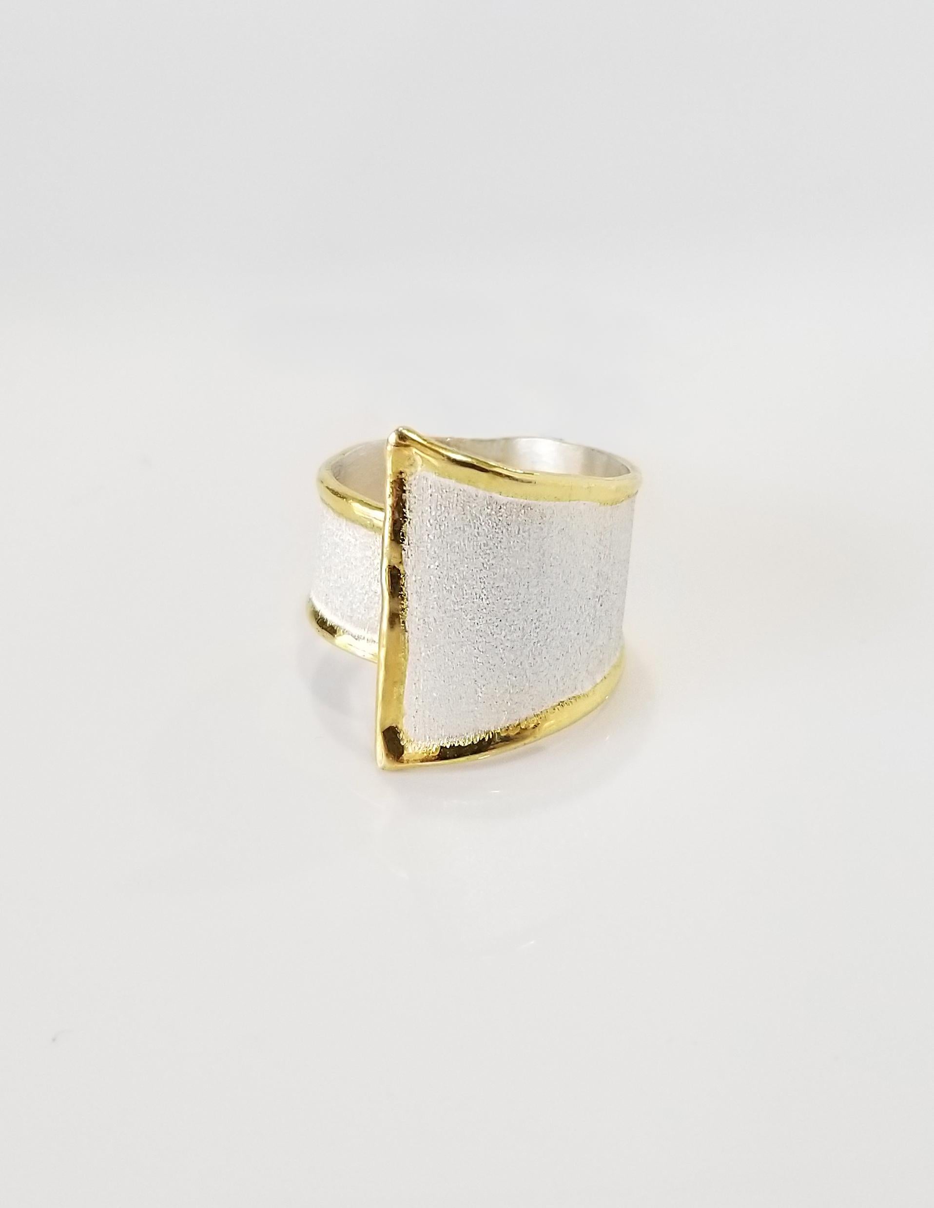 Yianni Creations Fine Silver and Gold Adjustable Wide Two-Tone Band Ring In New Condition For Sale In Astoria, NY