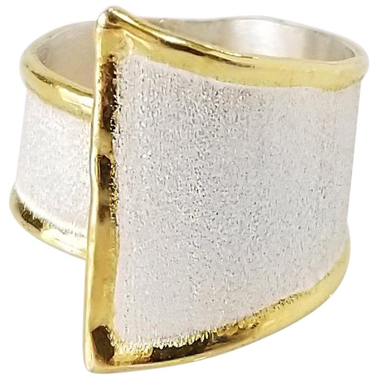 Yianni Creations Fine Silver and Gold Adjustable Wide Two-Tone Band Ring For Sale
