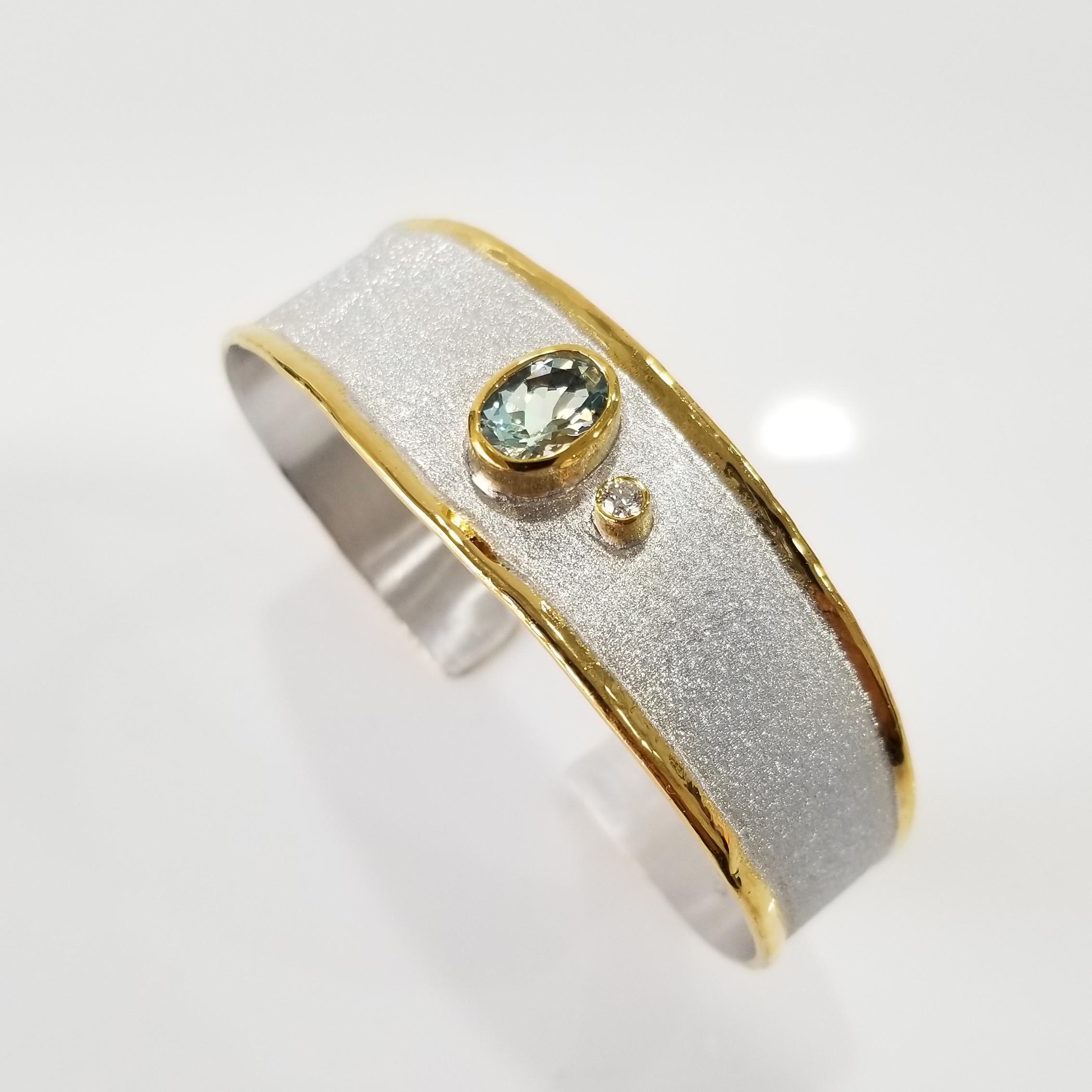 Yianni Creations Fine Silver and Gold Aquamarine and Diamond Cuff Bracelet 5